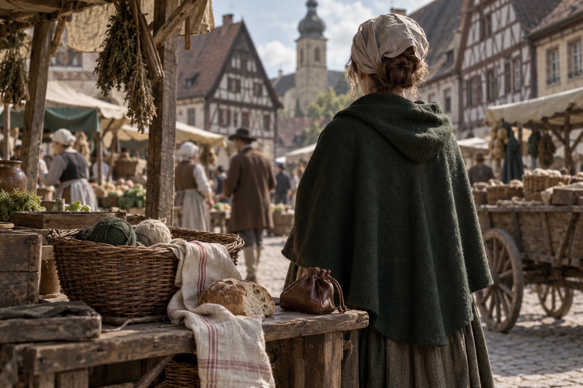 Illustration contemporaine : une femme de dos dans un marché allemand, près d’un panier de fil et d’une bourse.