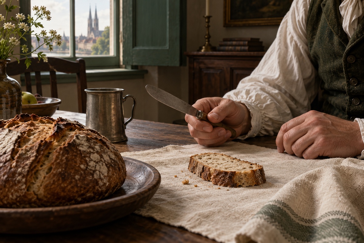Illustration contemporaine : Un morceau de pain et des mains arrêtées au-dessus d’une table dans une maison de Brême.