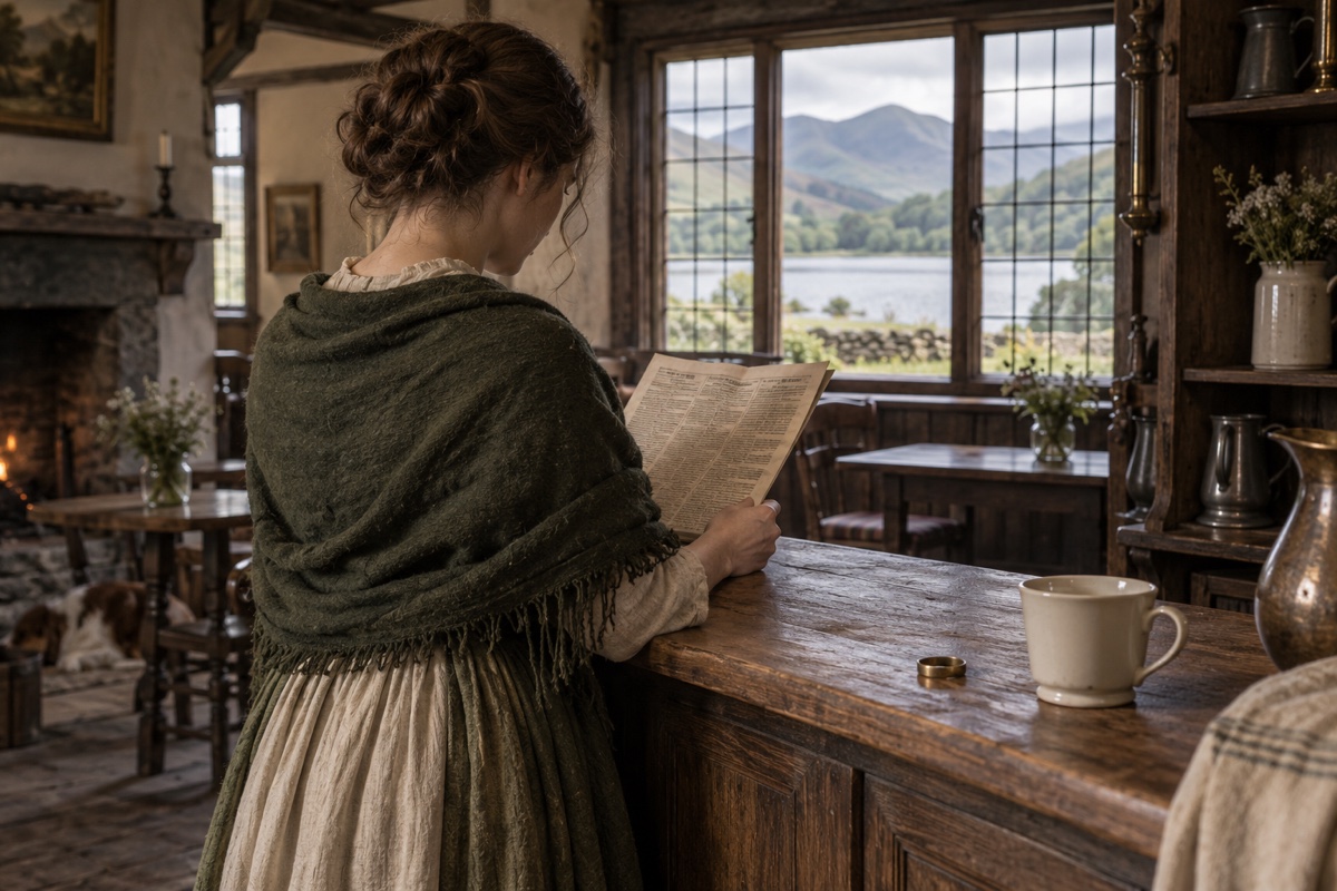 Illustration contemporaine : Une femme de dos devant une fenêtre ouverte sur le lac de Buttermere, près d’un journal.