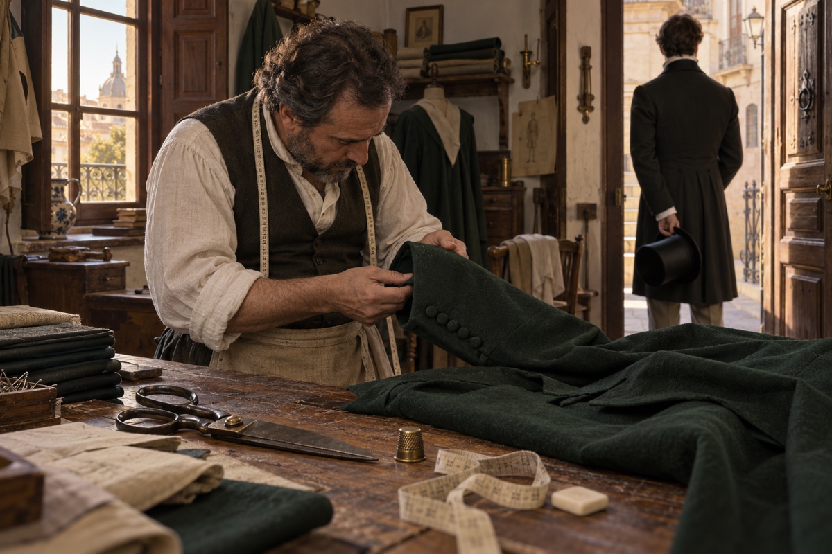 Illustration contemporaine : Un tailleur travaille une étoffe sombre dans un atelier madrilène du XIXe siècle.