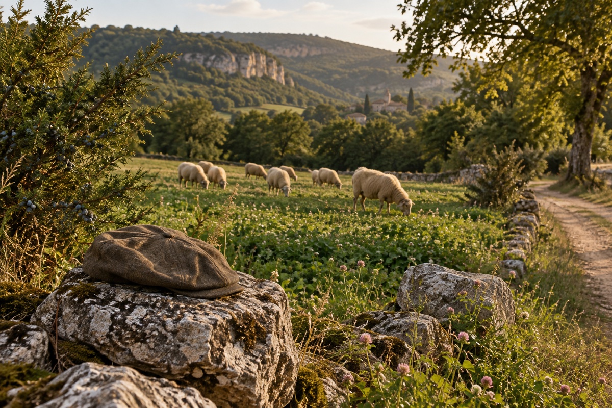 Illustration contemporaine : Des moutons dans un champ de trèfle et une casquette posée sur une pierre, évocation de l’absence d’un berger.