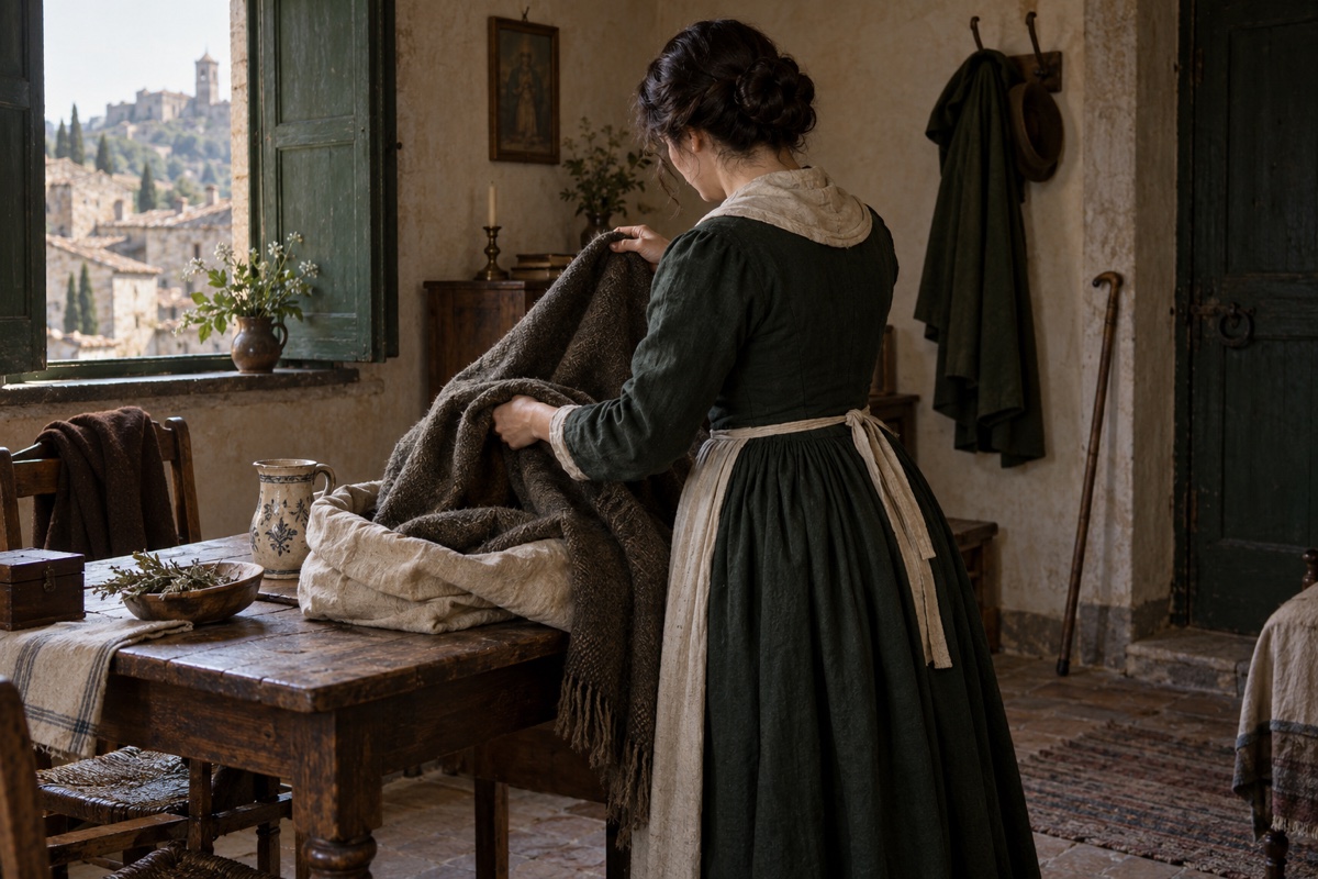 Illustration contemporaine : Une femme anonyme examine une étoffe dans une maison italienne du XIXe siècle.