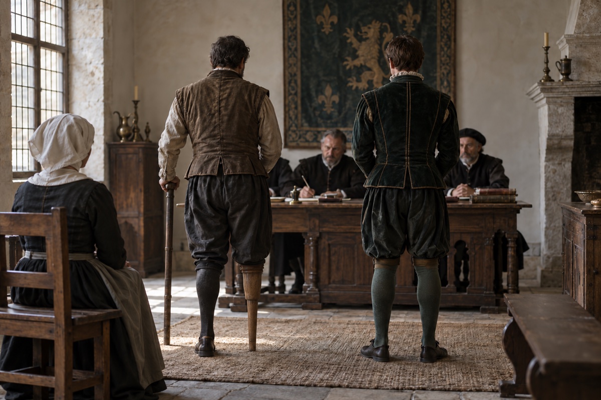 Illustration contemporaine : Deux hommes vus de dos devant un bureau de justice du XVIe siècle, l’un portant une prothèse de bois.