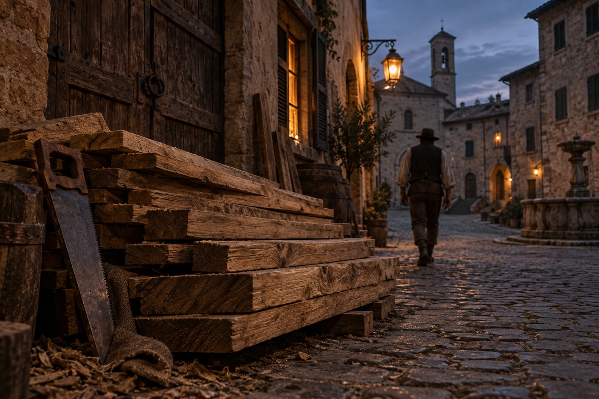 Illustration contemporaine : Des planches devant une porte fermée dans une rue italienne à la fin du XVIIIe siècle.
