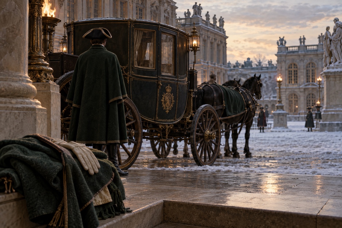 Illustration contemporaine : Un carrosse et un manteau épais dans une cour de Versailles en hiver, évocation contemporaine.