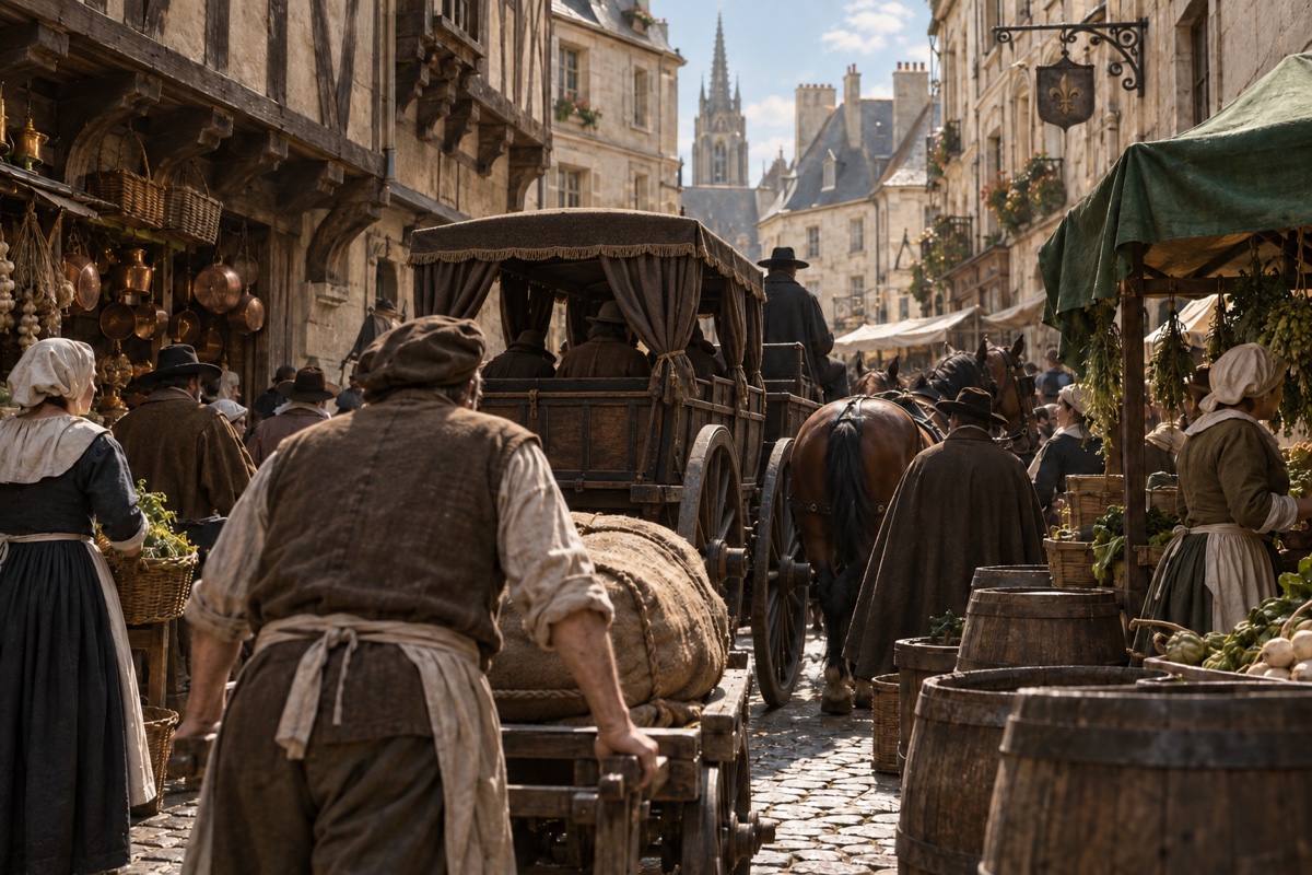 Illustration contemporaine : Un carrosse ancien arrêté au milieu des étals dans une rue parisienne étroite.