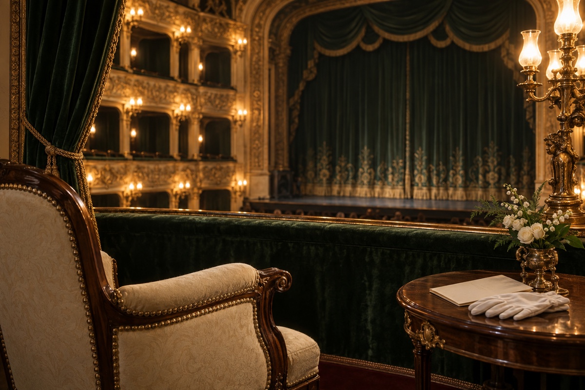 Illustration contemporaine : Une place vide dans une loge de théâtre, près de gants et d’un programme vierge.