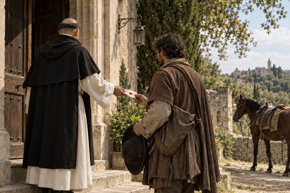 Illustration contemporaine : Un religieux remet un pli scellé à un messager devant une porte, au XVIe siècle.