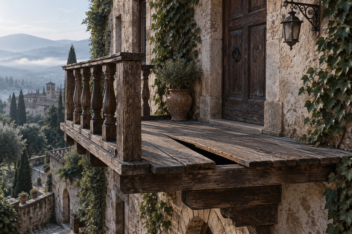 Illustration contemporaine : Balcon ancien aux planches disjointes devant une maison italienne.
