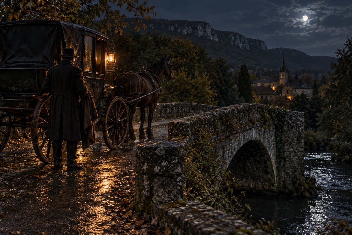 Illustration contemporaine : Voiture à cheval arrêtée près d’un pont de pierre, la nuit.