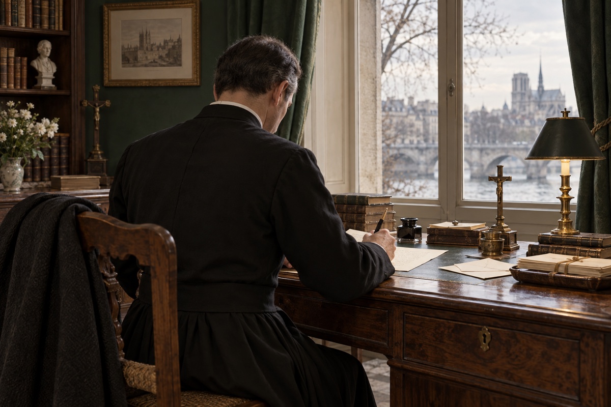 Illustration contemporaine : Un religieux anonyme écrit une lettre devant une fenêtre.