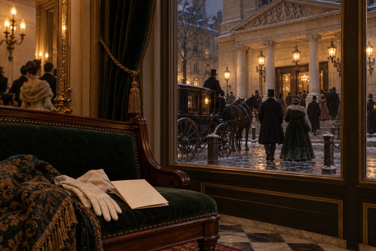 Illustration contemporaine : Arrivée de voitures devant un théâtre parisien, vue depuis un salon.