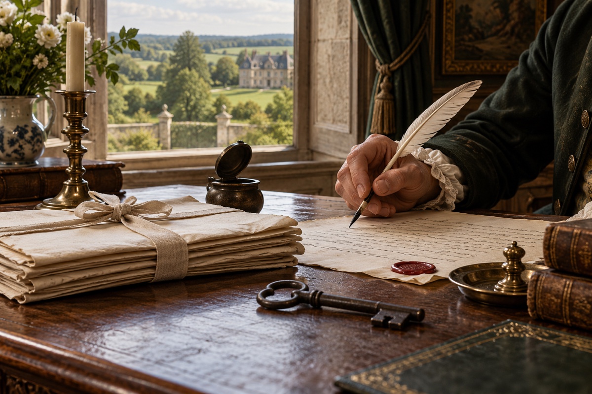 Illustration contemporaine : Des actes liés, une plume et une clé sur un bureau ancien.