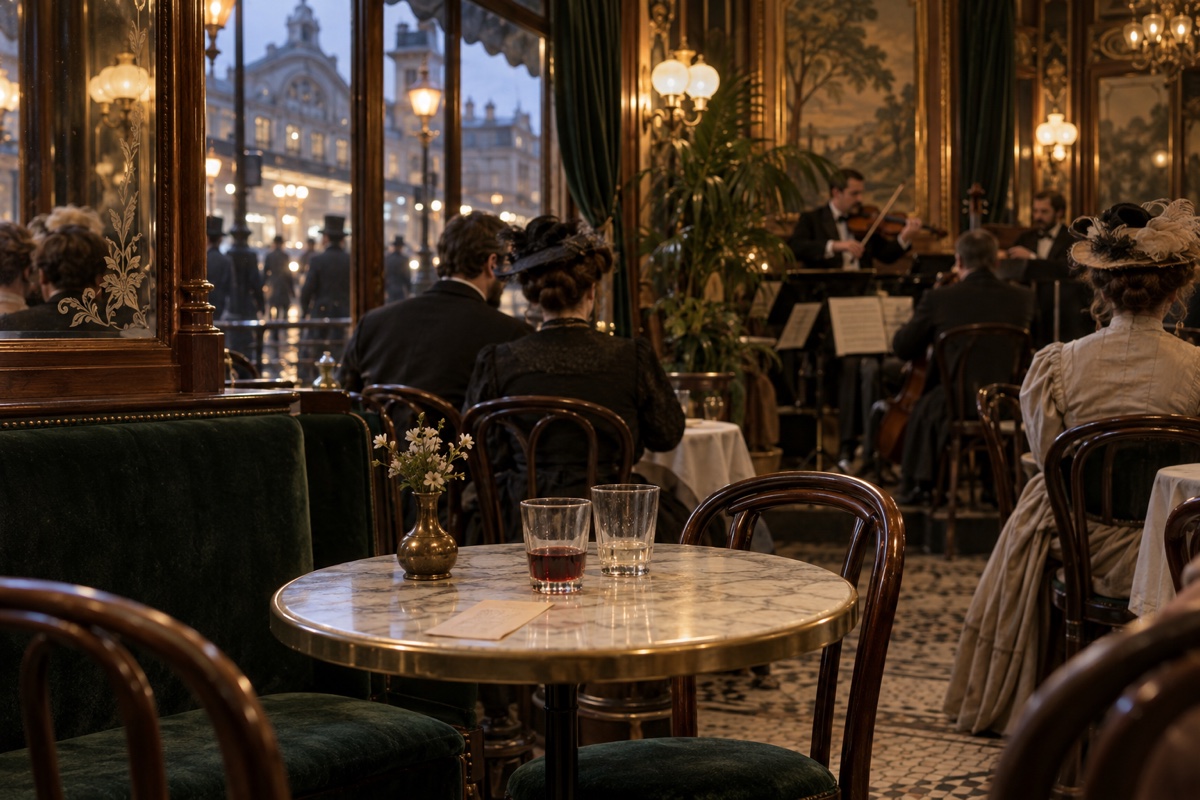 Illustration contemporaine : Une table de café et des musiciens à l’arrière-plan.