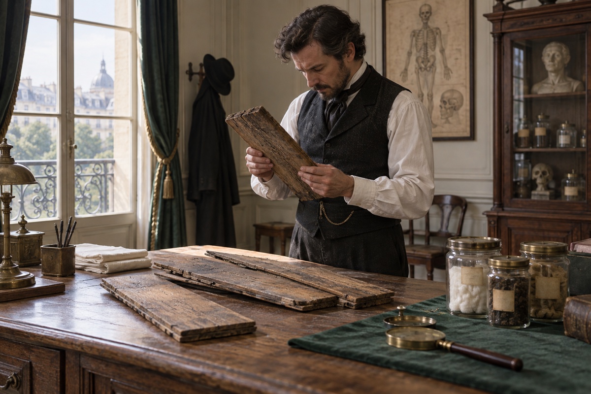 Illustration contemporaine : Un homme anonyme examine des lames de parquet dans un cabinet ancien.