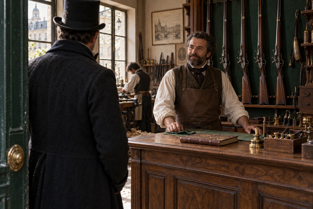 Illustration contemporaine : Un client et un artisan dans une boutique d’armurier du XIXe siècle.