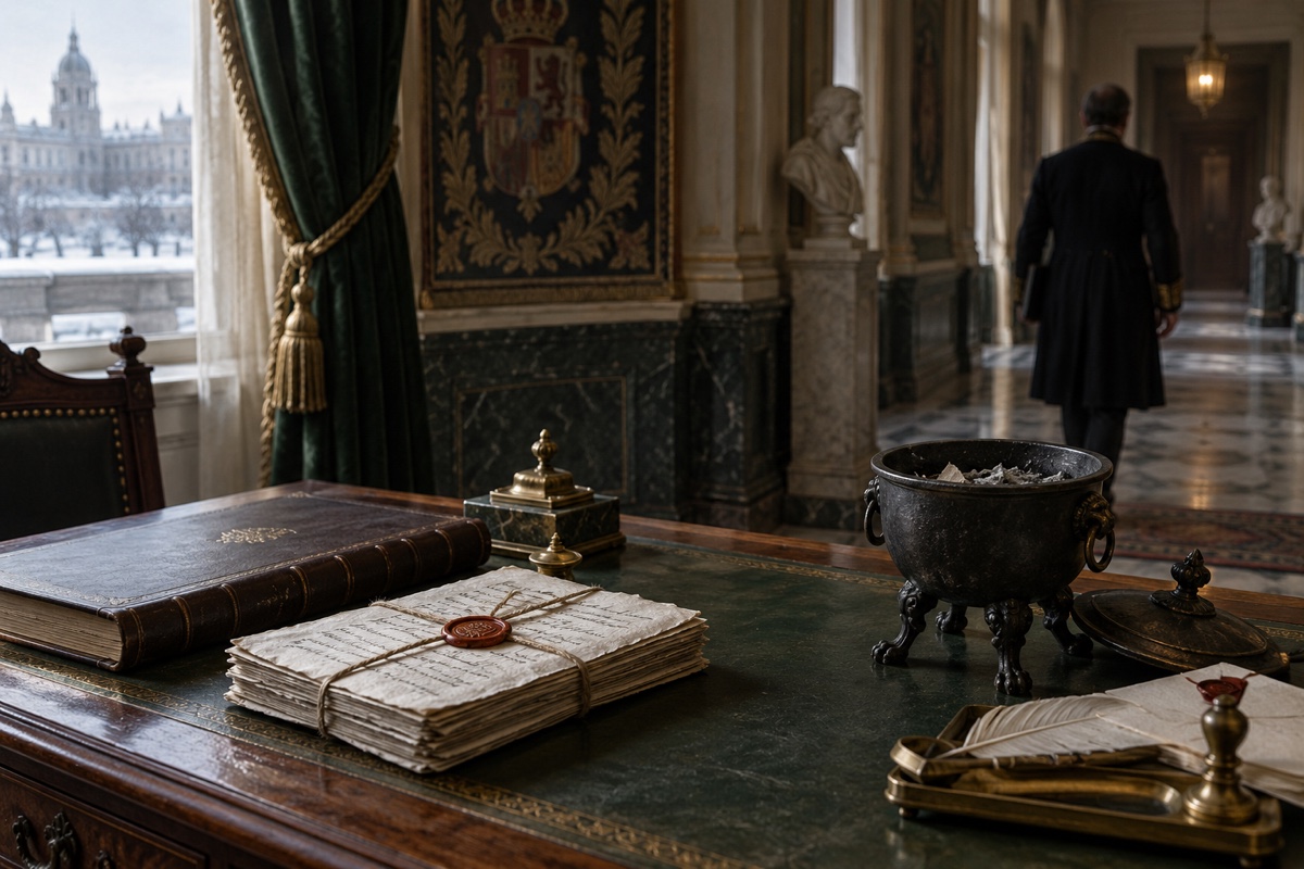 Illustration contemporaine : Un bureau de gouvernement, des papiers scellés et un brasero contenant des cendres.