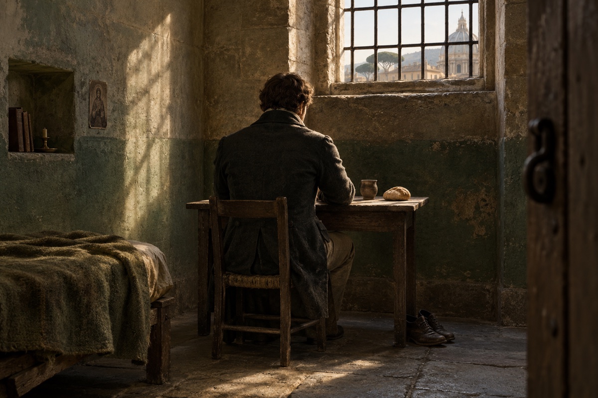 Illustration contemporaine : Un personnage inventé assis dans une chambre de prison romaine, devant une tasse et du pain.