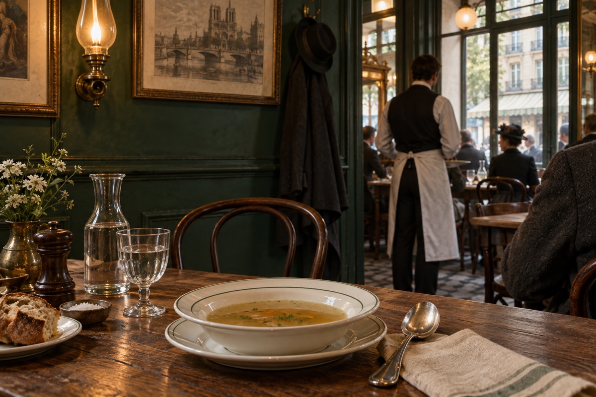 Illustration contemporaine : Une assiette de bouillon dans un restaurant parisien, un serveur anonyme au fond.