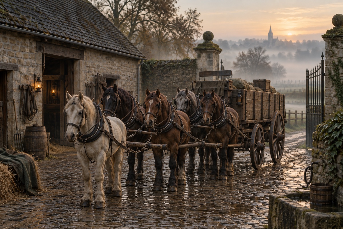 Illustration contemporaine : Cinq chevaux attelés à un chariot dans une cour rurale, au petit matin.