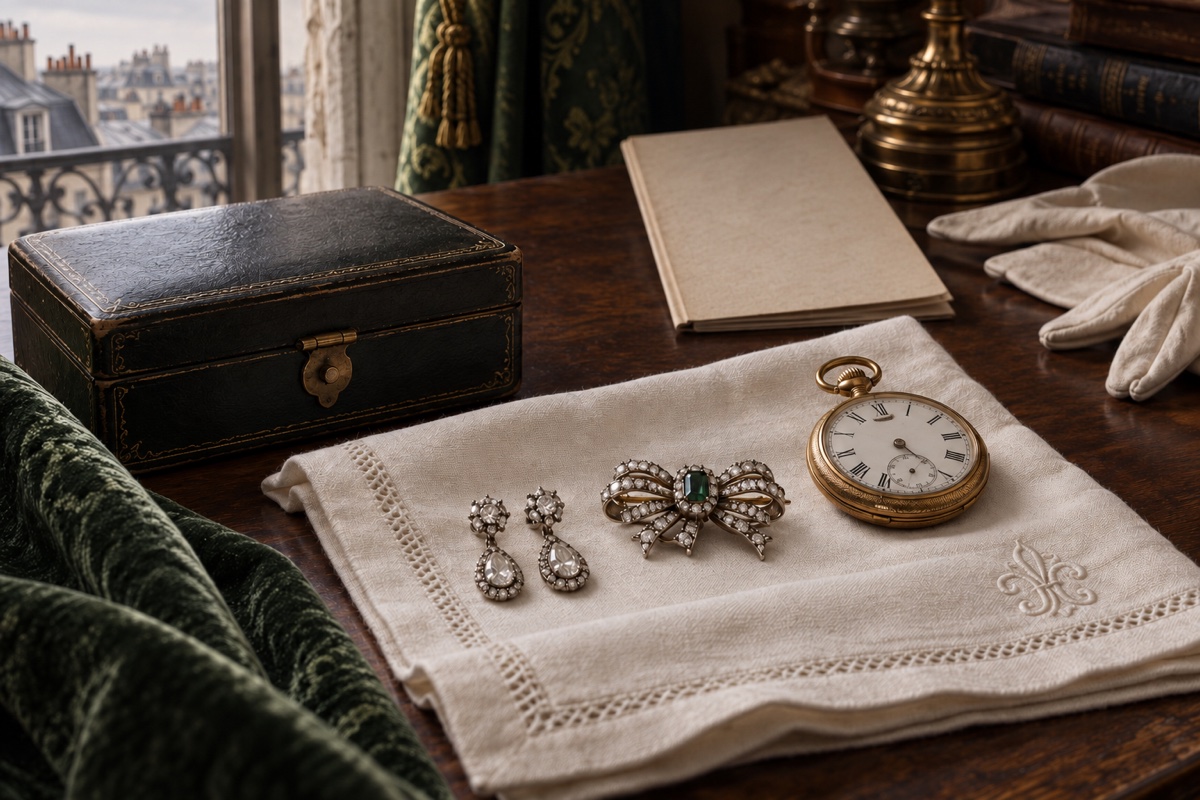 Illustration contemporaine : Des bijoux et une montre ancienne posés sur un linge, près d’un coffret.