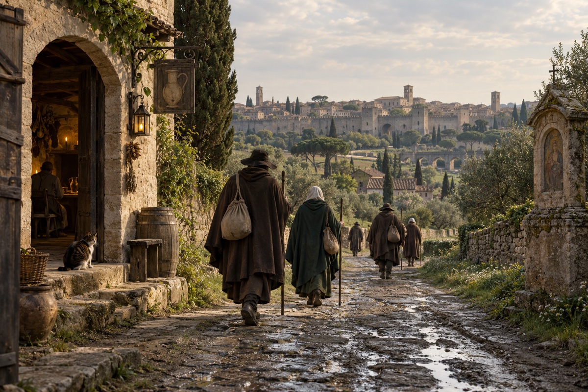 Illustration contemporaine : Des pèlerins anonymes sur une route menant vers une ville italienne vers 1500.