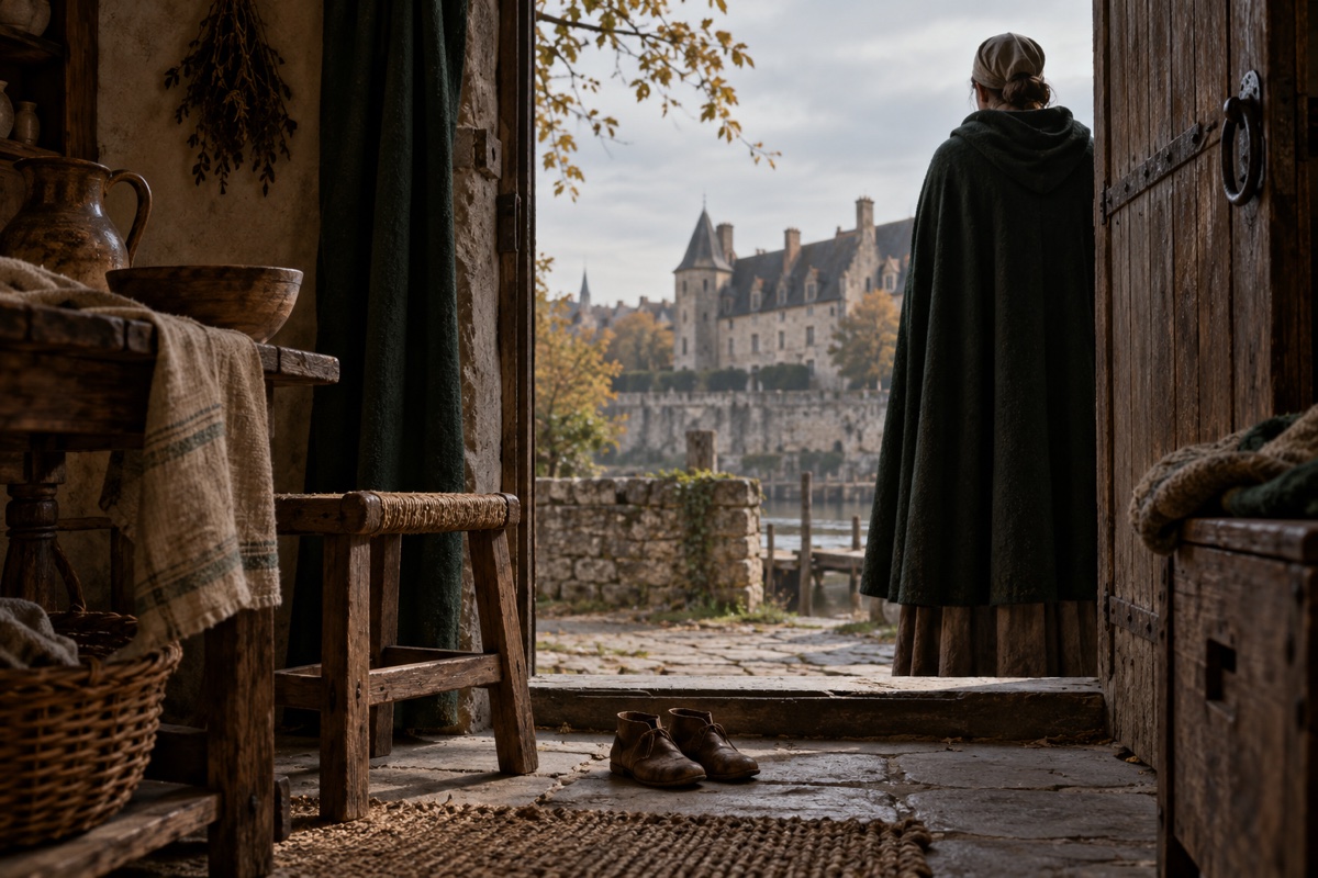 Illustration contemporaine : Une mère anonyme près de petites chaussures, devant une demeure fortifiée.