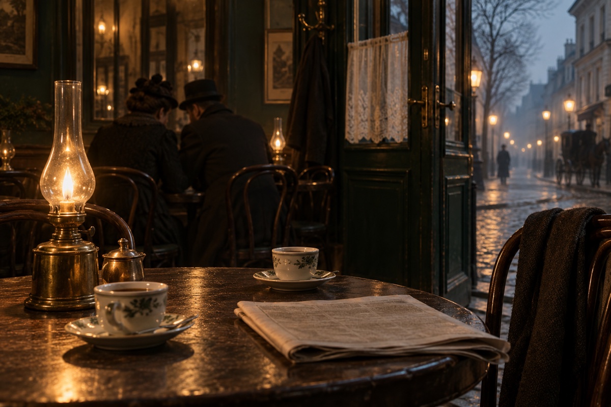 Illustration contemporaine : Deux tasses et un journal sur une table de café.