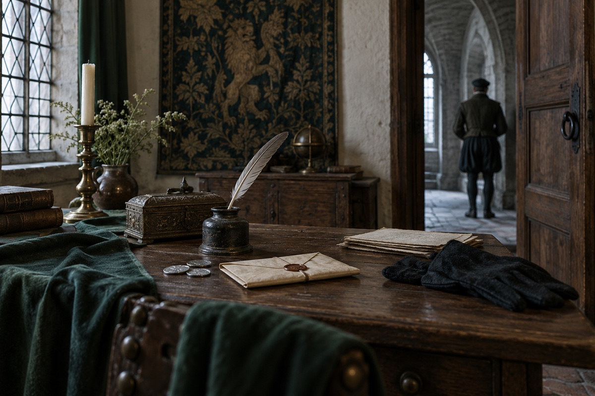 Illustration contemporaine : Des pièces et une lettre scellée dans un bureau de la Renaissance.