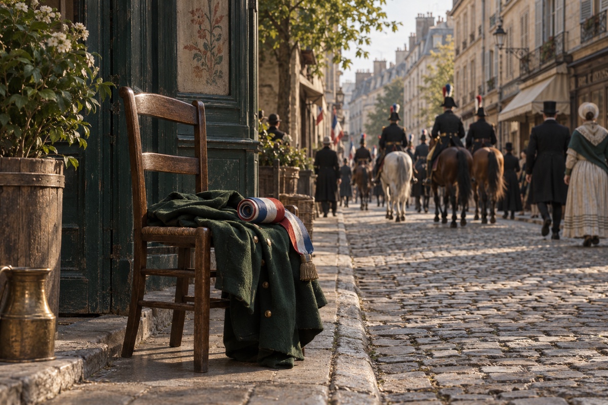 Illustration contemporaine : Un manteau sur une chaise devant une rue parcourue par des cavaliers.