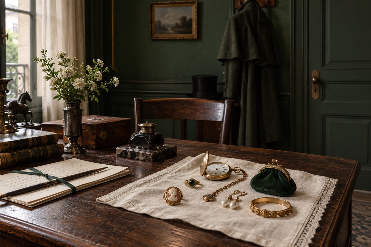 Illustration contemporaine : Des bijoux disposés sur une table de bois.