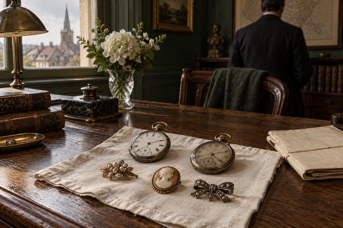 Illustration contemporaine : Des montres, des broches et un camée disposés sur un linge.