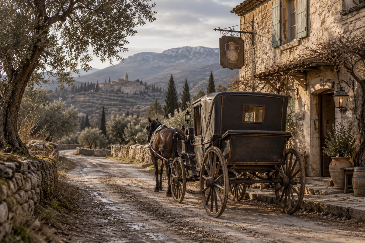 Illustration contemporaine : Une voiture ancienne près d’une auberge sur une route provençale.