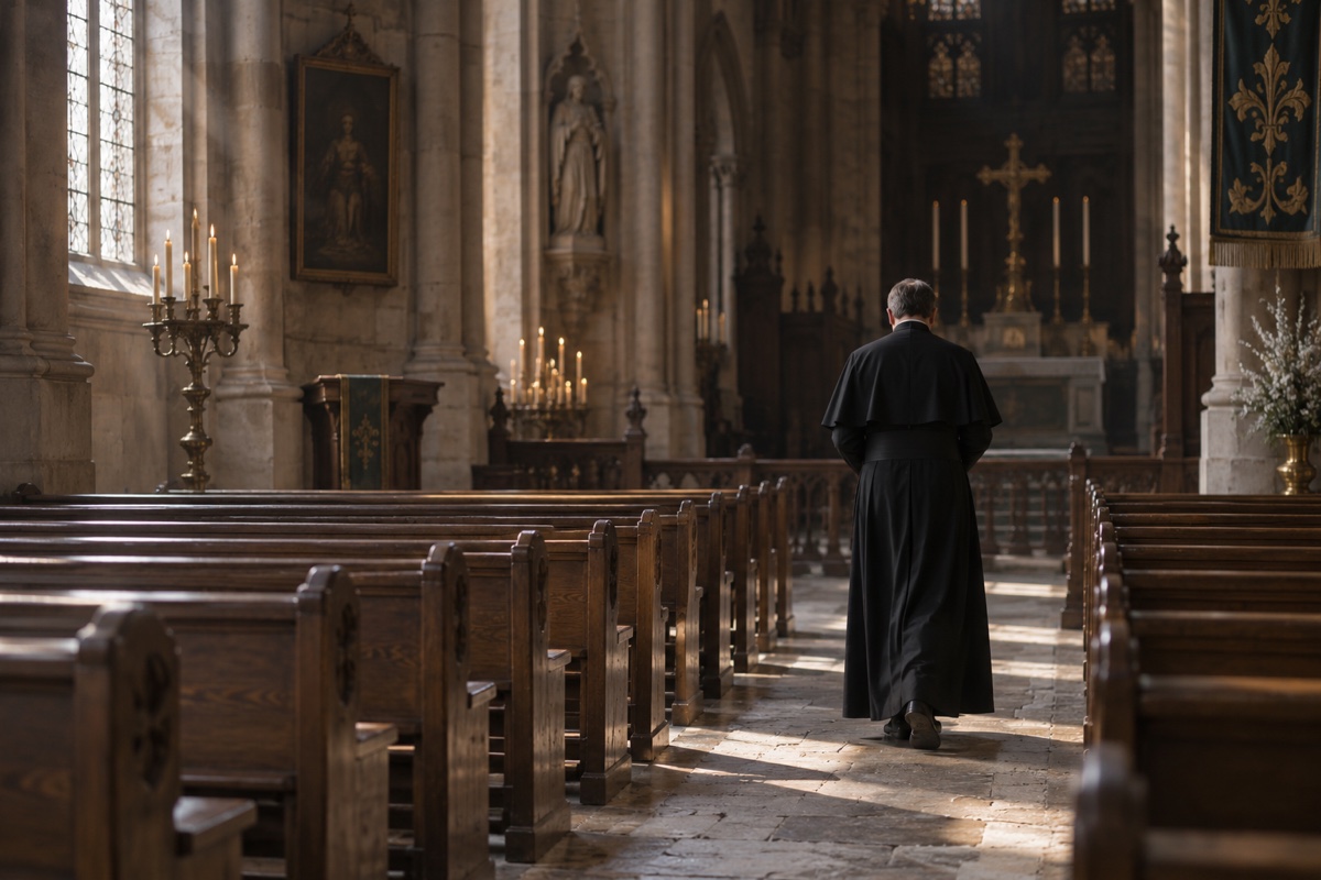 Illustration contemporaine : Un prêtre anonyme dans l’allée d’une église.