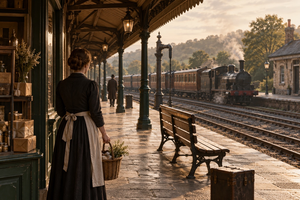 Illustration contemporaine : Un quai de gare et un train à vapeur à la fin du XIXe siècle.