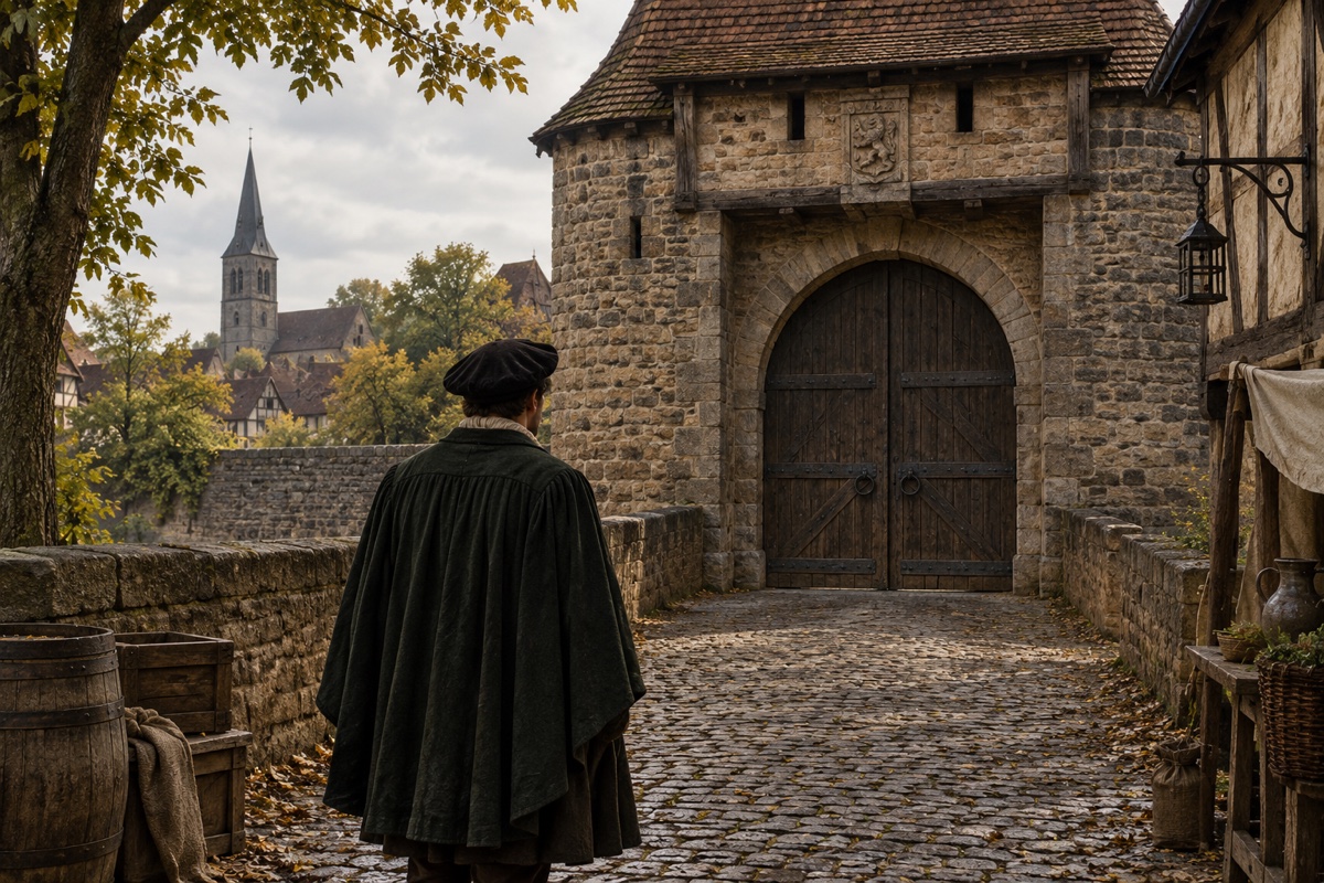 Illustration contemporaine : Un personnage anonyme devant une porte de ville fermée.