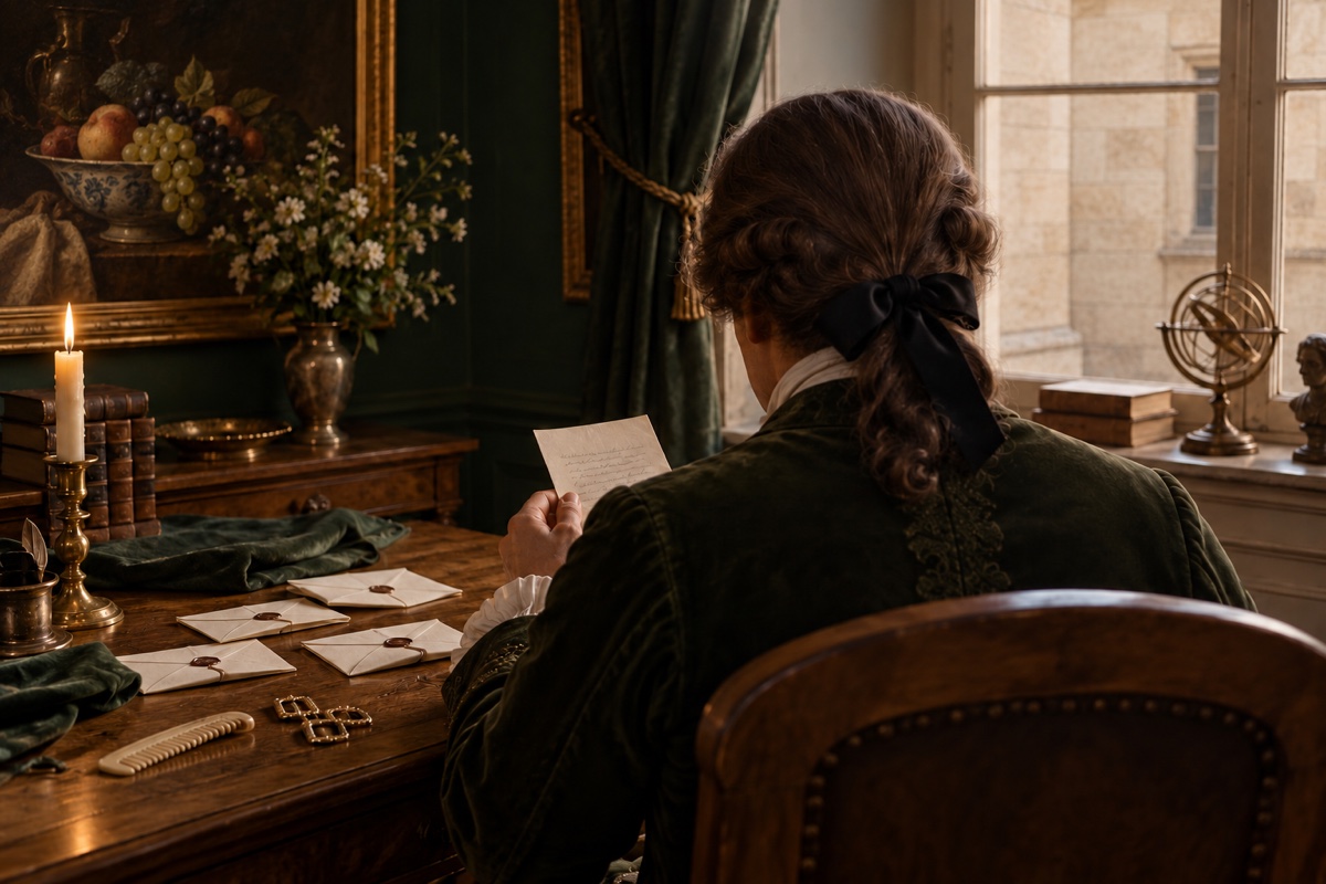 Illustration contemporaine : Des lettres, un peigne et des boucles sur un bureau.