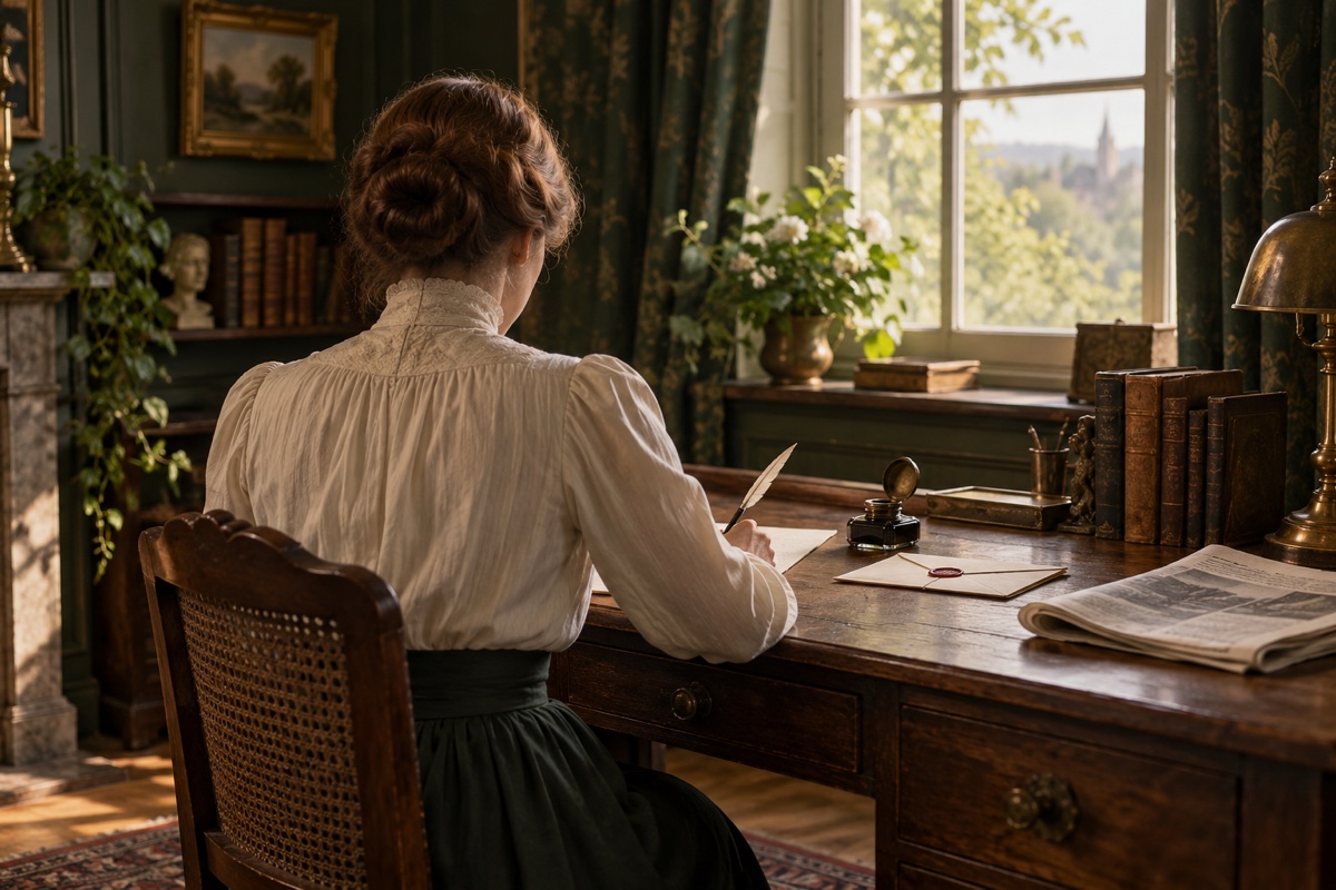 Illustration contemporaine : Une femme anonyme écrivant à un bureau au début du XXe siècle.