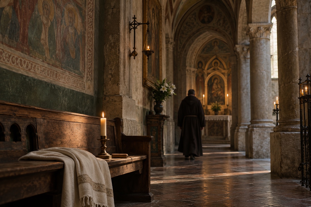 Illustration contemporaine : Une allée de chapelle et un religieux anonyme vu de dos.