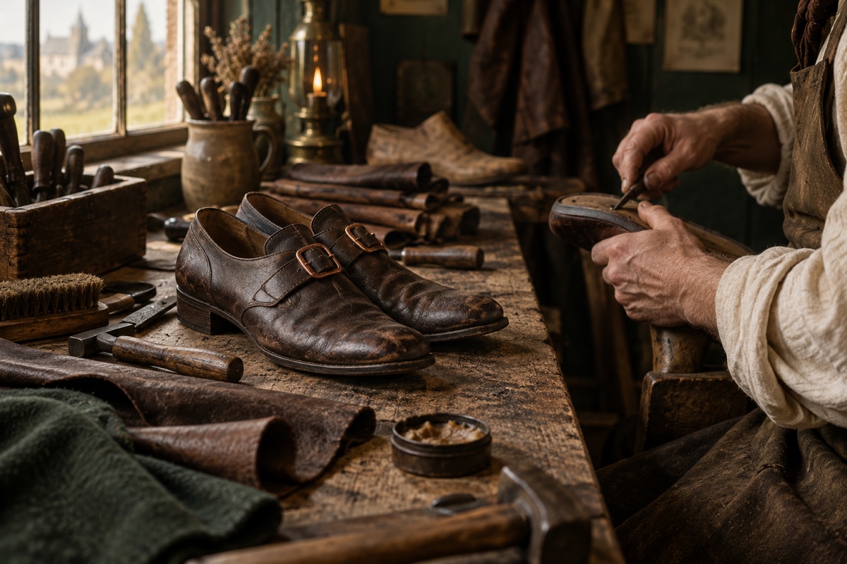 Illustration contemporaine : Des chaussures à boucles de cuivre sur un établi de cordonnier.