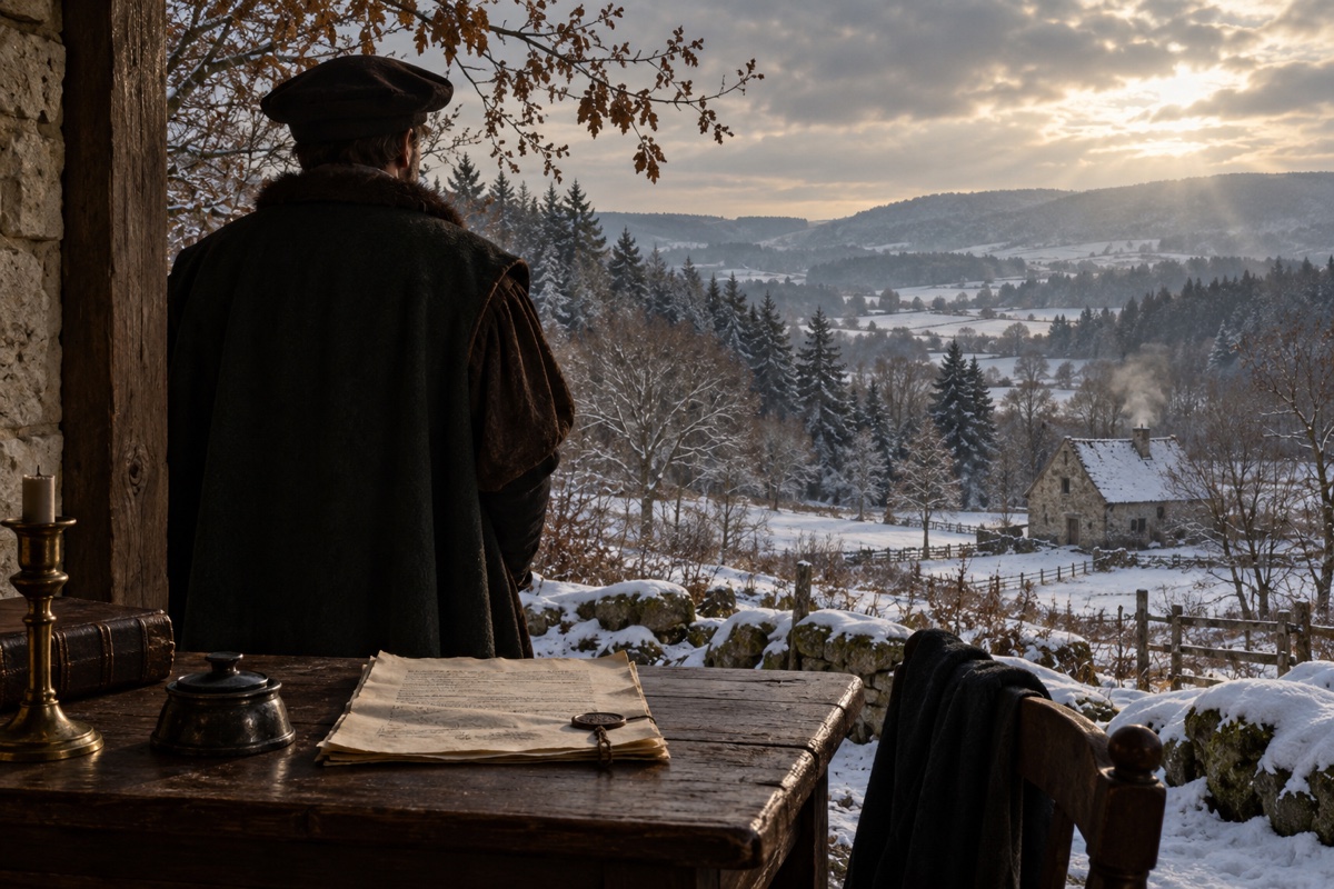 Illustration contemporaine : Un feuillet juridique devant un paysage rural hivernal.