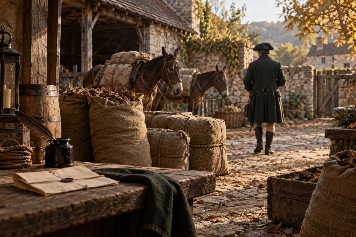 Illustration contemporaine : Deux mules et des ballots près d’une table avec une quittance.