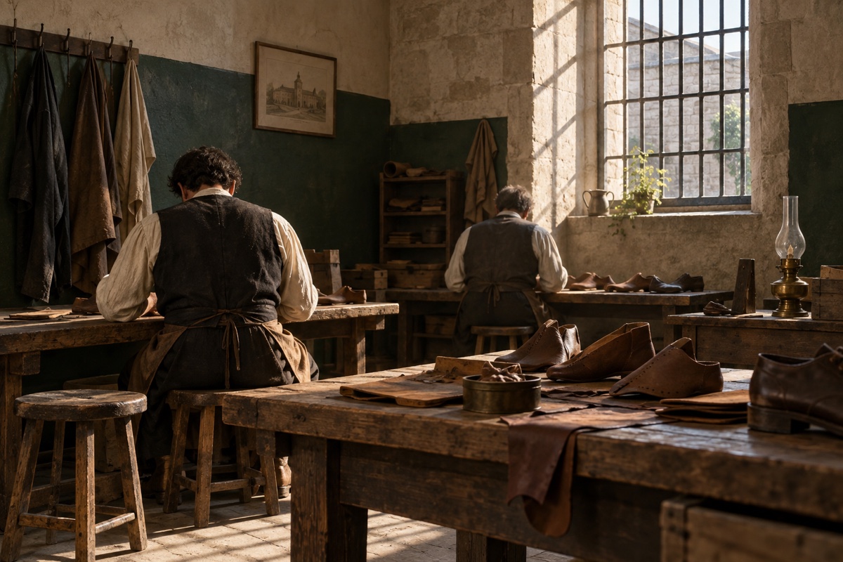 Illustration contemporaine : Deux ouvriers anonymes dans un atelier de chaussures ancien.