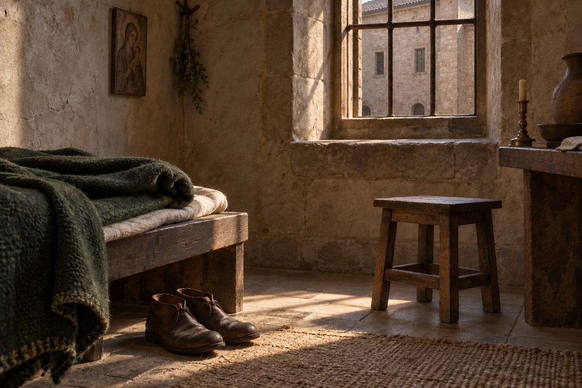 Illustration contemporaine : Une couverture, des chaussures et un tabouret dans une chambre romaine inventée.