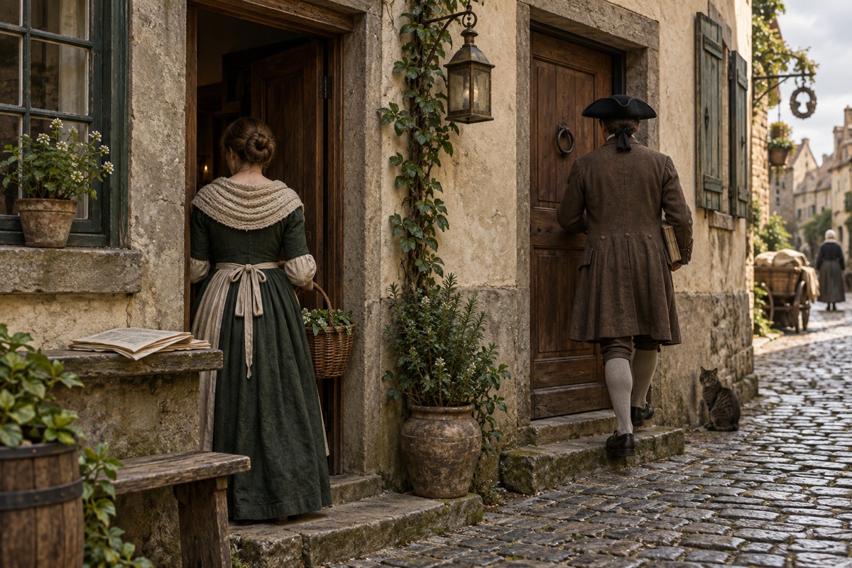 Illustration contemporaine : Deux seuils dans une rue ancienne avec des habitants anonymes.