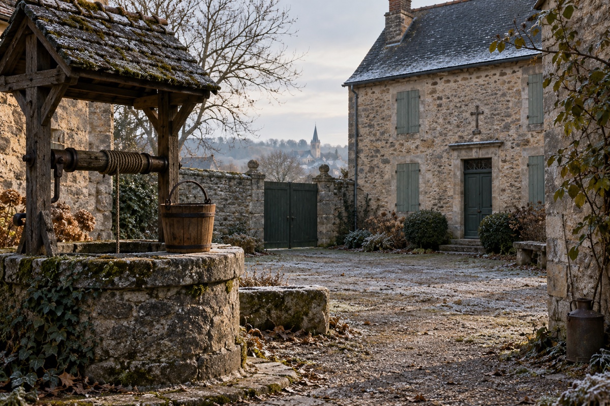 Illustration contemporaine : Un puits ancien et un seau dans une cour de presbytère vide.