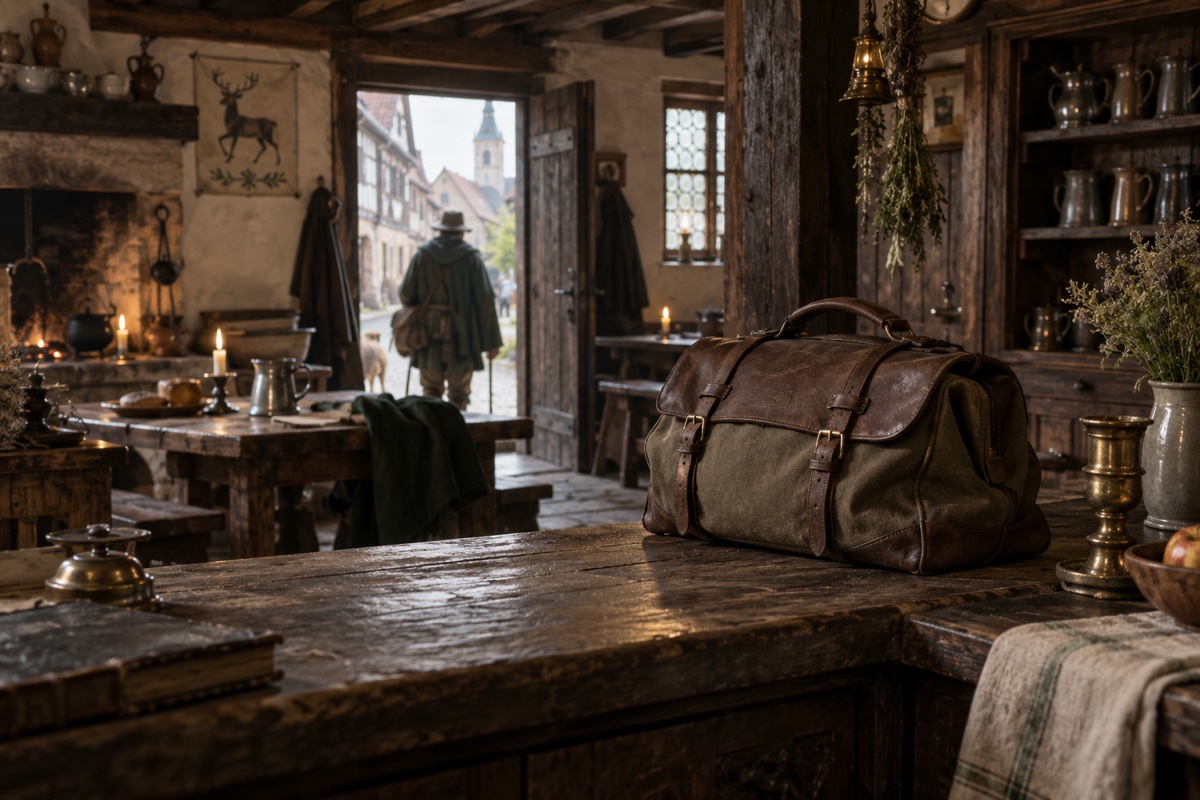 Illustration contemporaine : Un sac de voyage fermé derrière le comptoir d’une auberge ancienne.