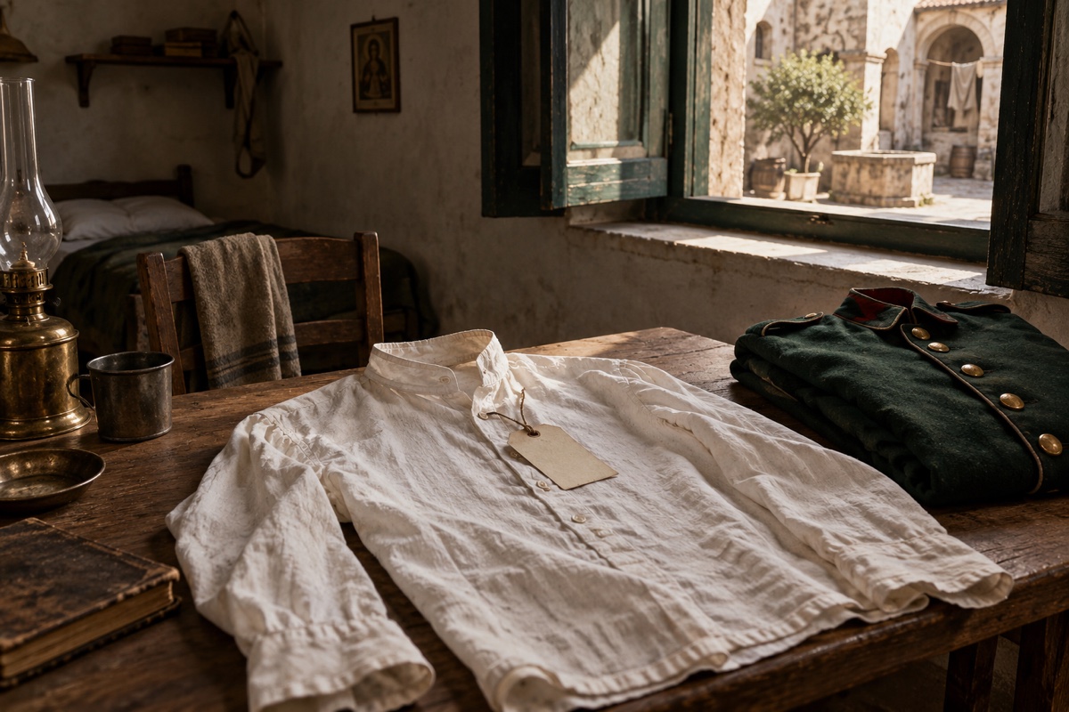 Illustration contemporaine : Une chemise blanche avec un écriteau sans inscription, près d’une veste pliée.