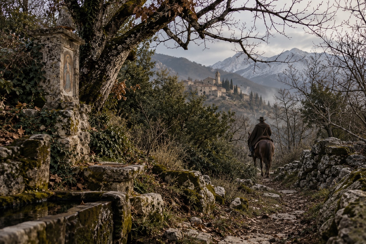 Illustration contemporaine : Un cavalier anonyme sur un sentier bordé de bois et de broussailles.