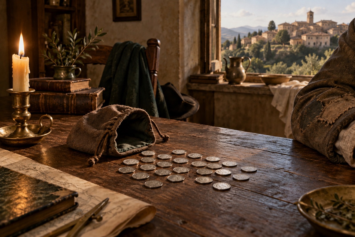 Illustration contemporaine : Une bourse de tissu et des pièces sur une table dans une scène inventée.
